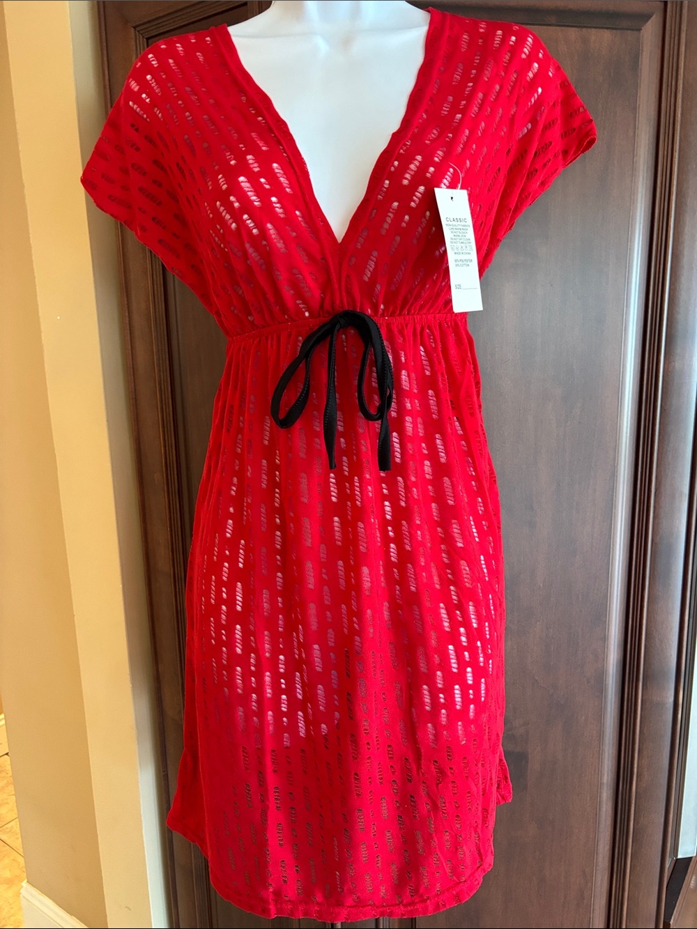 Red V-Neck Drawstring Waist Dress by KMA